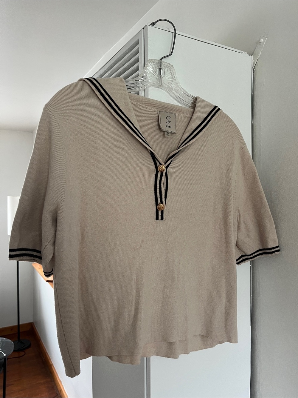 Sioni Cream Knit Top with Black Stripe Trim